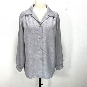 Vintage Silver Rose Jacquard Blouse Size 14 Mark Reed USA Party Glam Evening